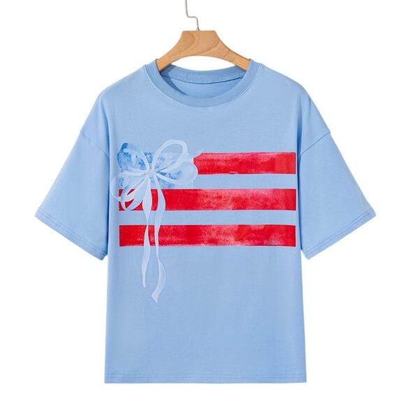 Light Blue Flag Bow Graphic Crewneck Top New Sizes S M L XL - Picture 2 of 9